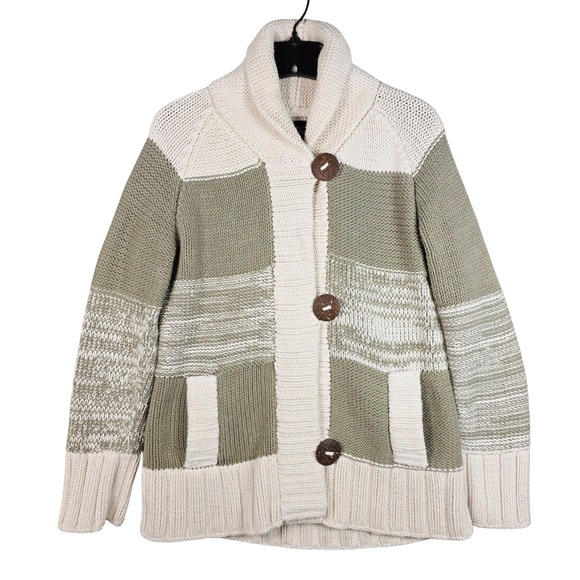 Pure Handknit Sweaters - Hand-knit Cabin Coastal Patchwork Sweater Cowl Neck Button Front Chunky‎ Neutral